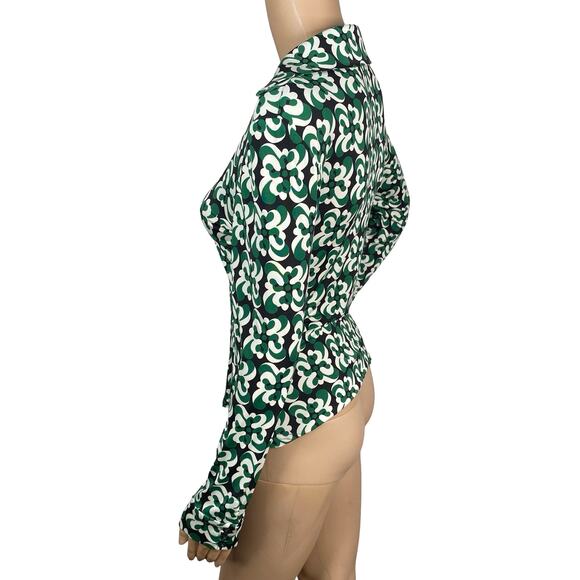 NEW Zara Green White Black Retro Disco Geometric Swirl Button Down Shirt SZ S - Picture 7 of 10